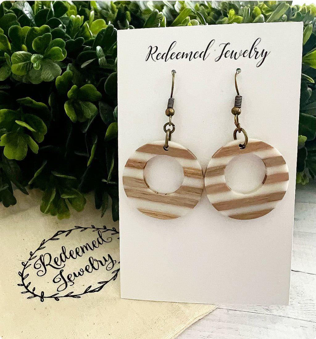 Striped Neutral Resin and Wood Circle Earrings