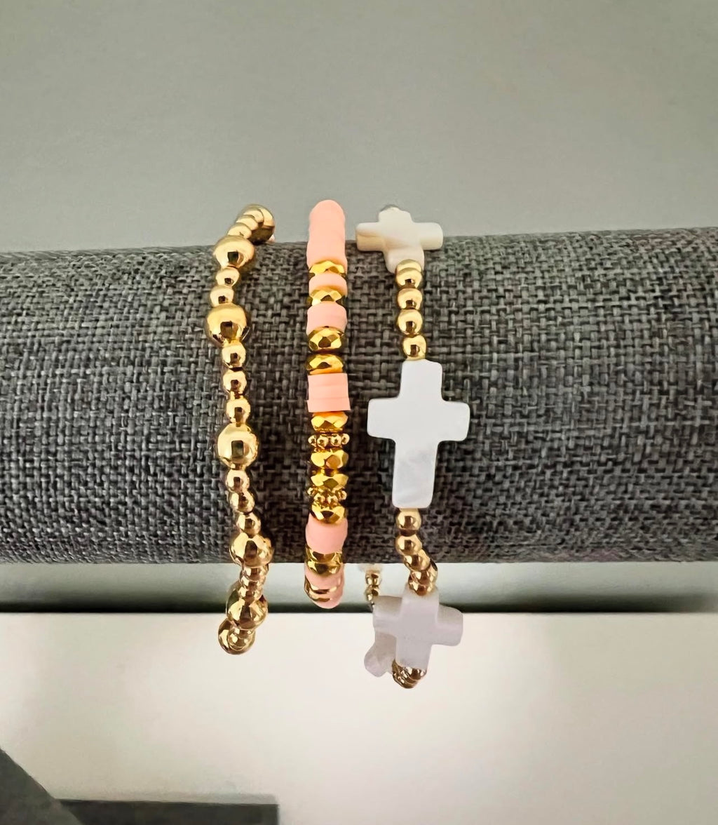 Ivory Cross Pink and Gold Bracelet Stack