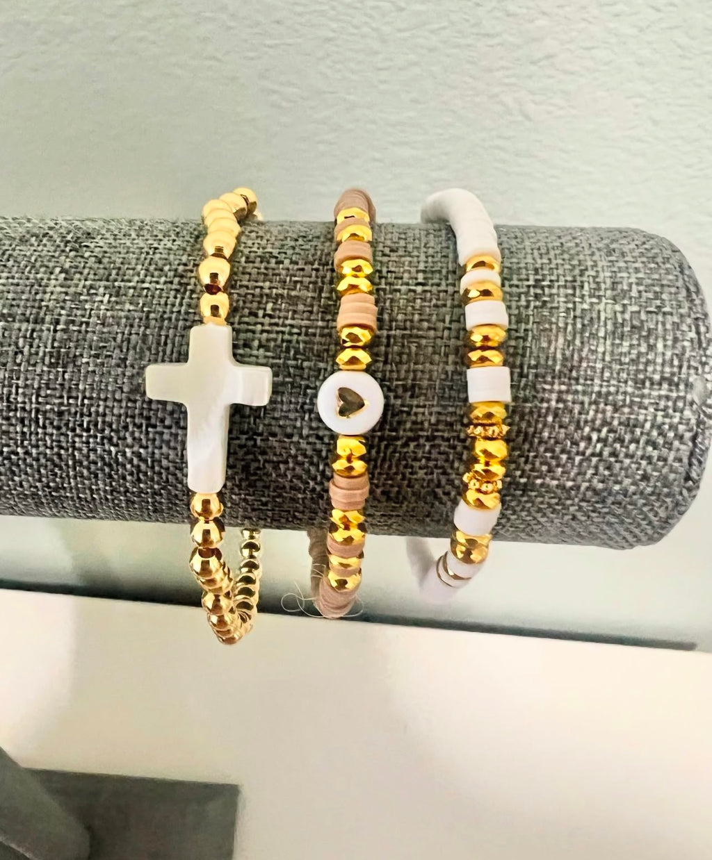 Ivory Cross Beige and Gold Bracelet Stack