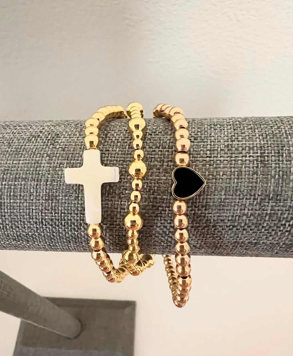 Ivory Cross Black Heart Gold Bracelet Stack