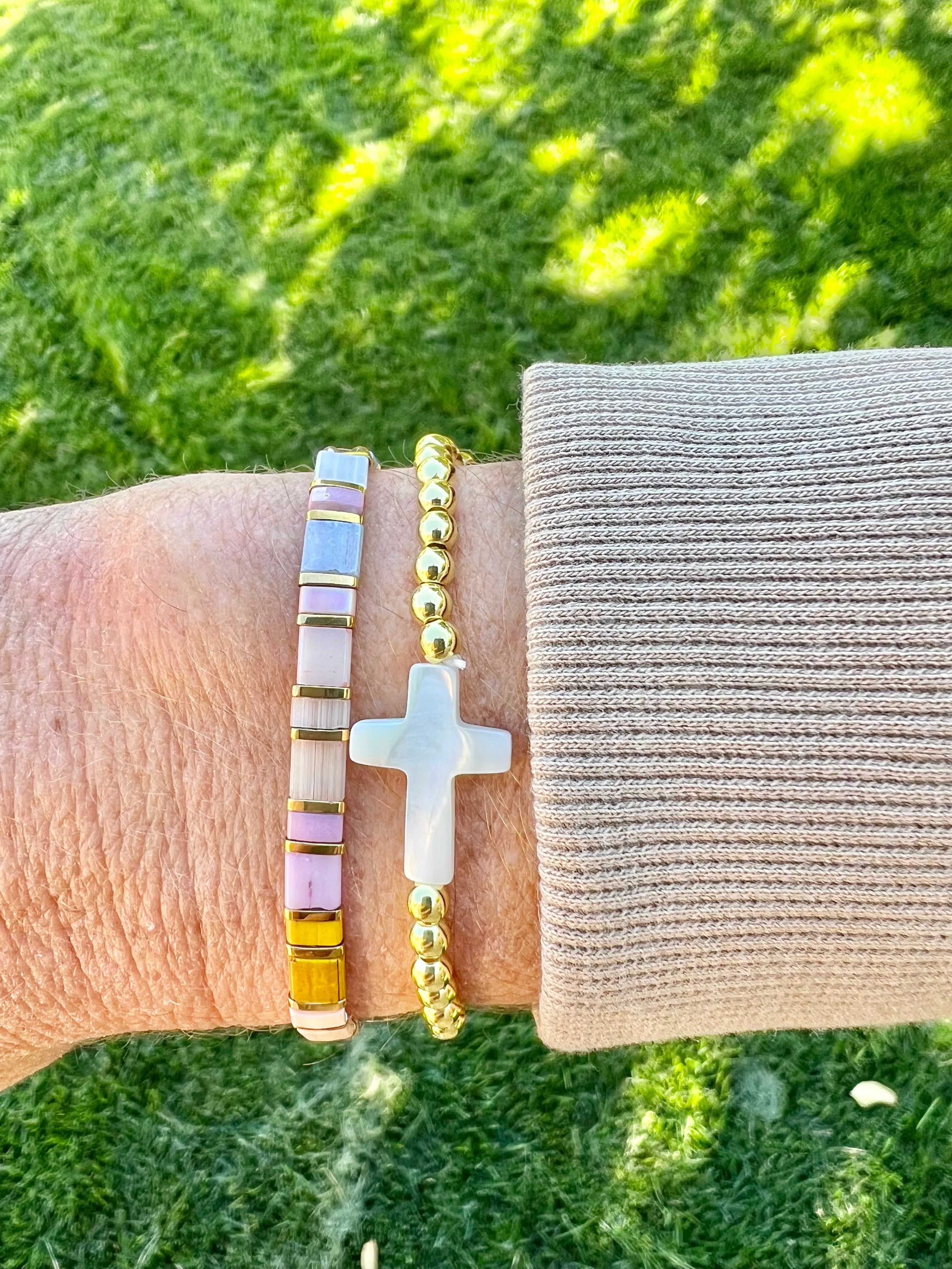 Ivory Cross Gold and MultiColor Bracelet Stack