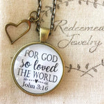 Scripture Necklace "For God so loved the world." John 3:16 - Redeemed Jewelry