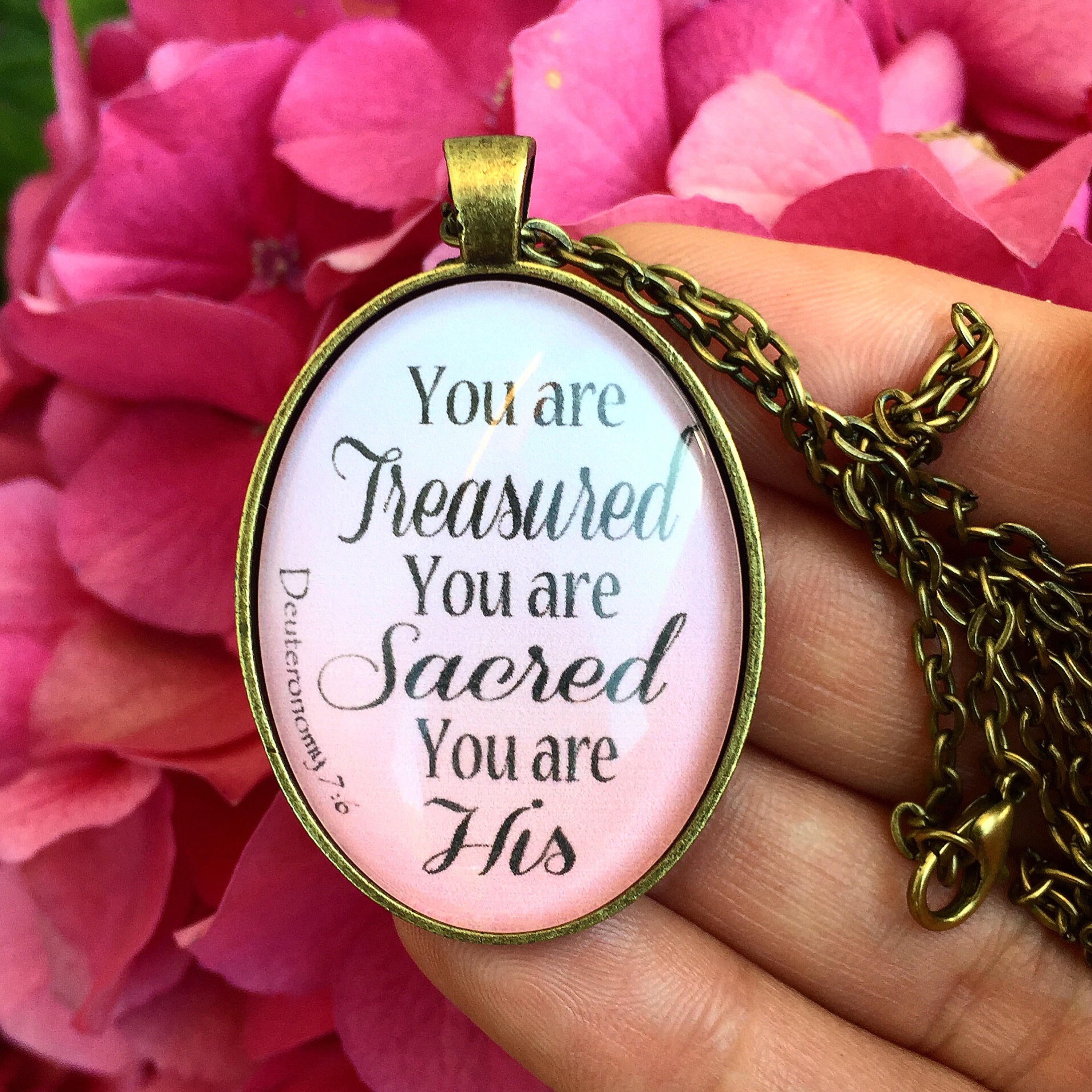 Oval Bible Verse Pendant Necklace "You are Treasured, You are Sacred, You are His. Deuteronomy 7:6" - Redeemed Jewelry