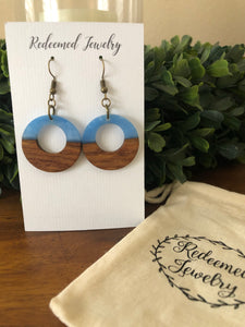 Blue Resin and Wood Circle Earrings