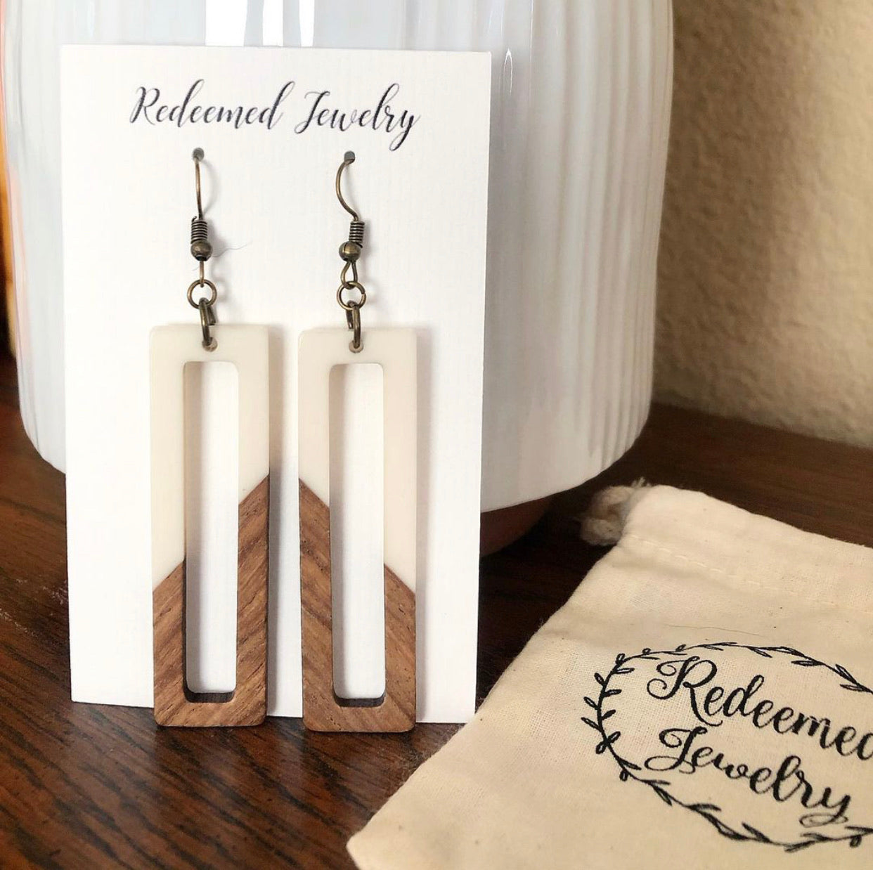 Cream Resin and Wood Rectangle Earrings