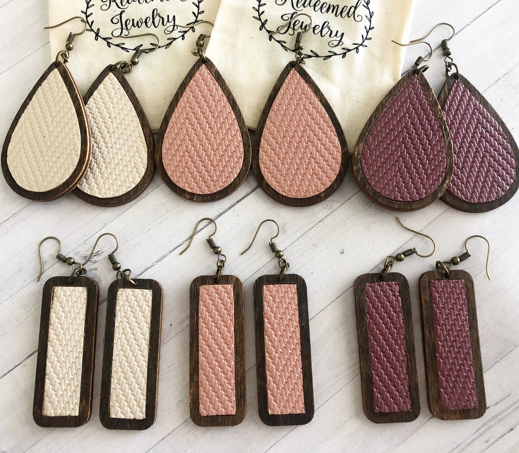Leather Wooden Teardrop & Rectangle Earrings
