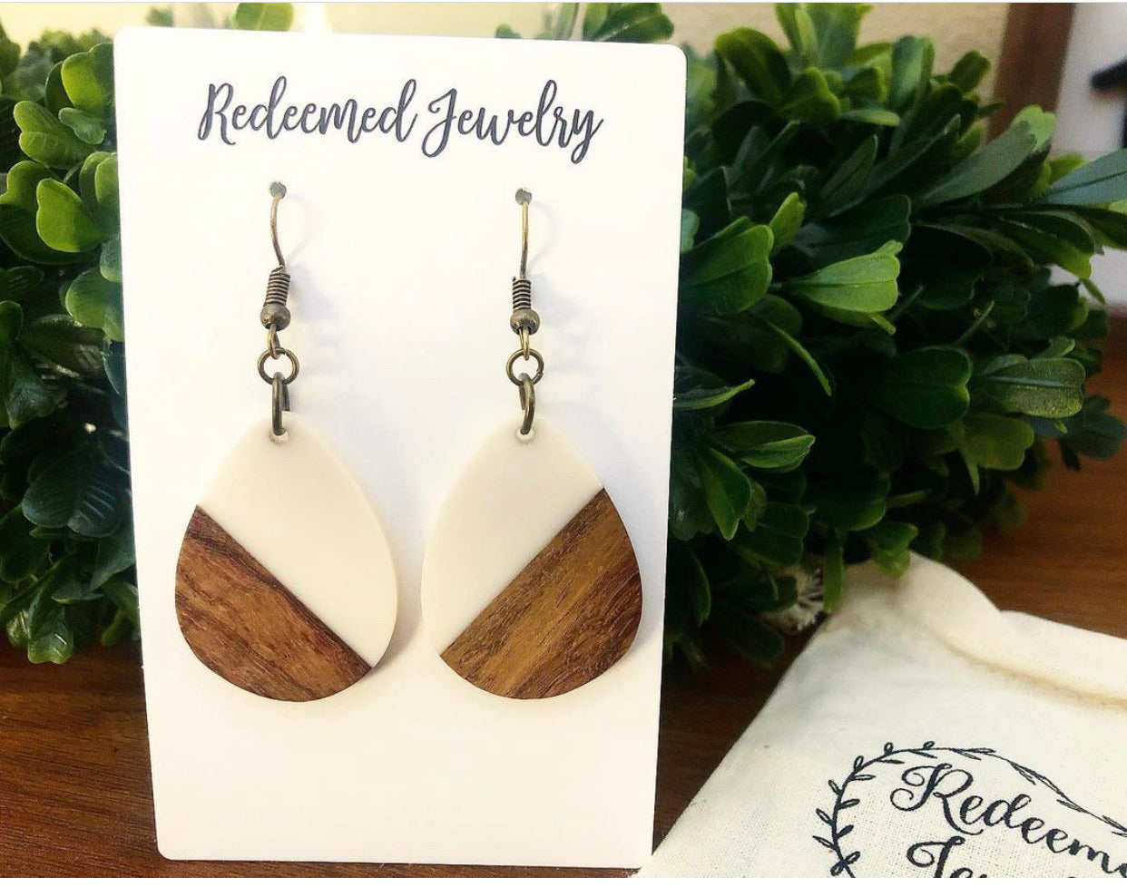 Resin and Wood Solid Teardrop Earrings