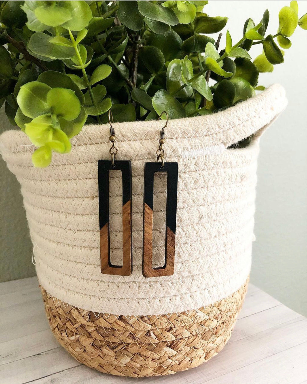 Black Resin and Wood Rectangle Earrings